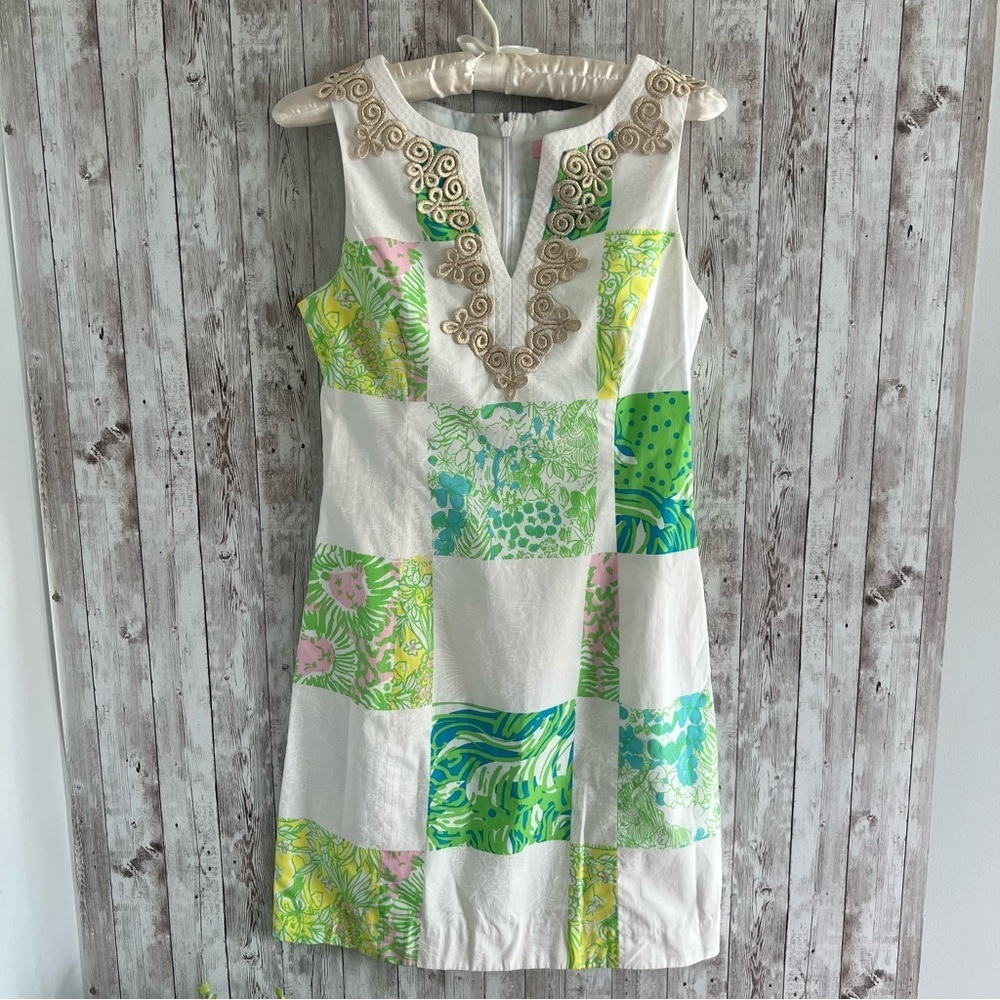 Lilly Pulitzer Green and White Patchwork Shift Dress 0